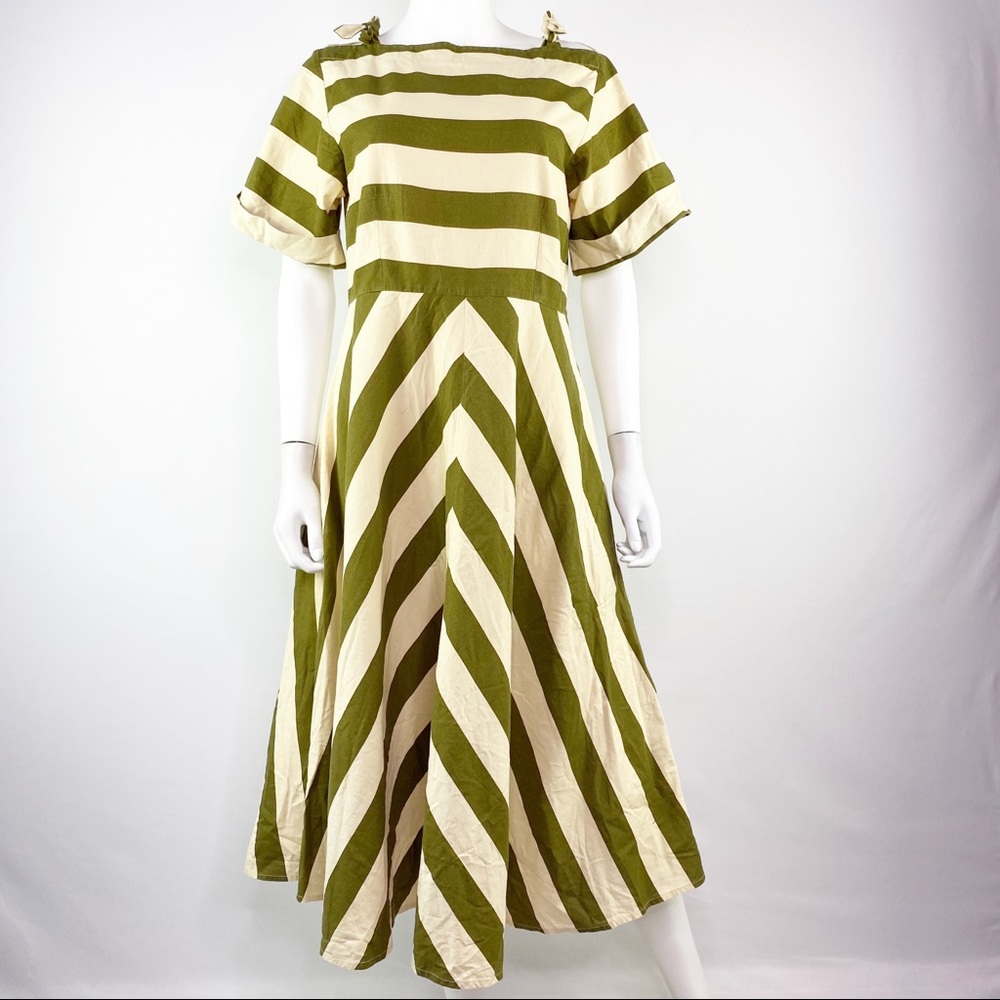 TOAST Size UK12/US8 Green & Cream Wide Stripe Short Sleeve A-Line Midi Dress